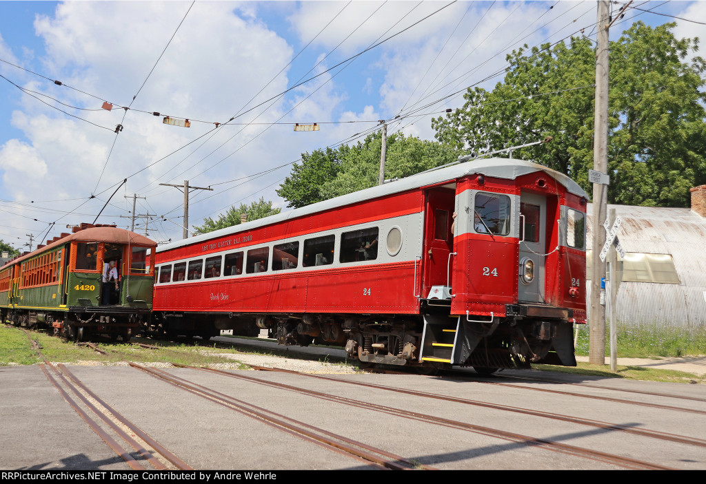 East Troy Electric's dinner train starts moving to the boarding platform